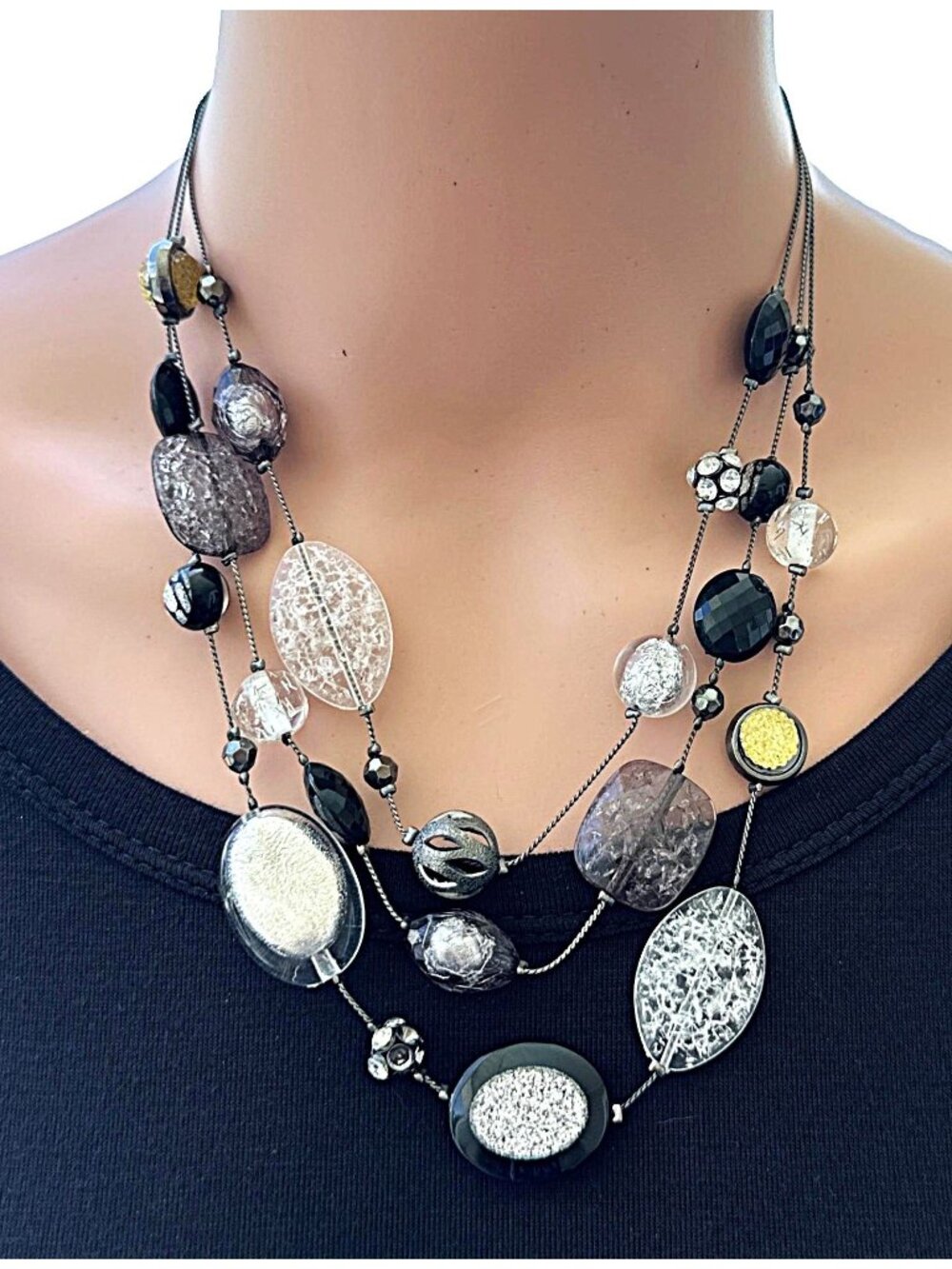New York & Co Necklace Triple Strand Acrylic Sparkle Beads Black Silver